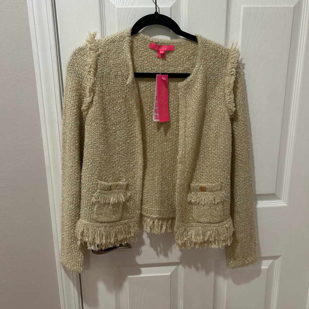 NWT Lilly Pulitzer Gold Metallic Tweed Somora Cardigan Size Small